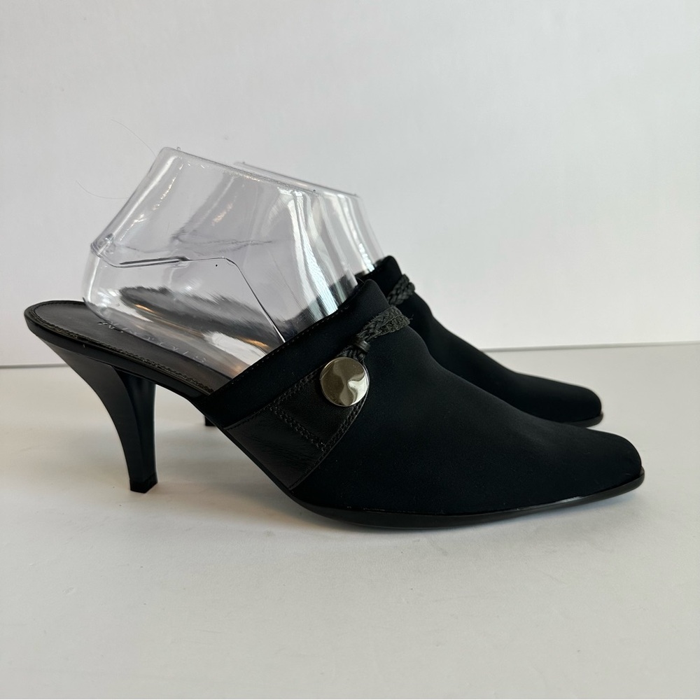 Aerosoles Black Fabric Mules Heels Sz 10M Braided Strap Pointed Toe
